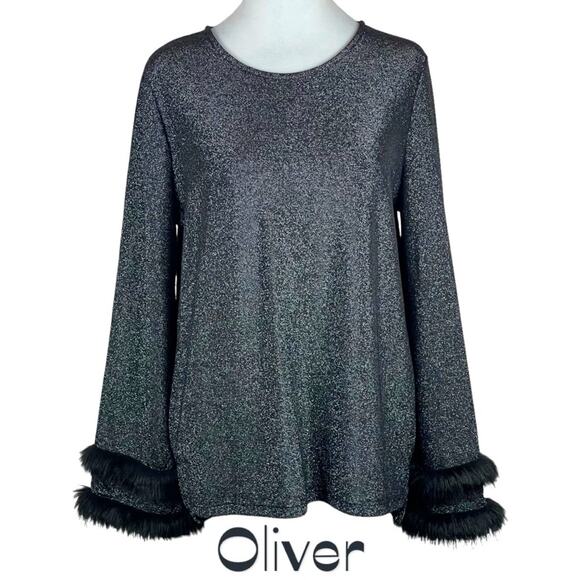 Oliver Metallic Silver Black Faux Fur Party Event Date Night Top NWOT Size L - Picture 2 of 11
